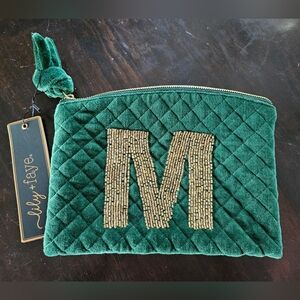 Emerald Quilted Velvet Cosmetic Pouch with Gold Beaded 'M'